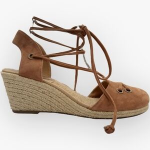 Lucky Brand keller Espadrille Lace up wrap around suede wedge heels Sz-9.5 tan